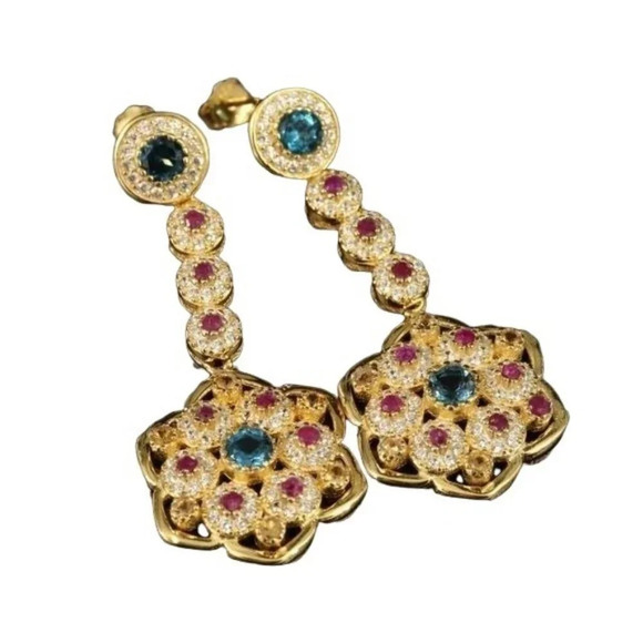 Gold Plated Sterling Silver Topaz Ruby CZ Dangle Earrings - Picture 2 of 7